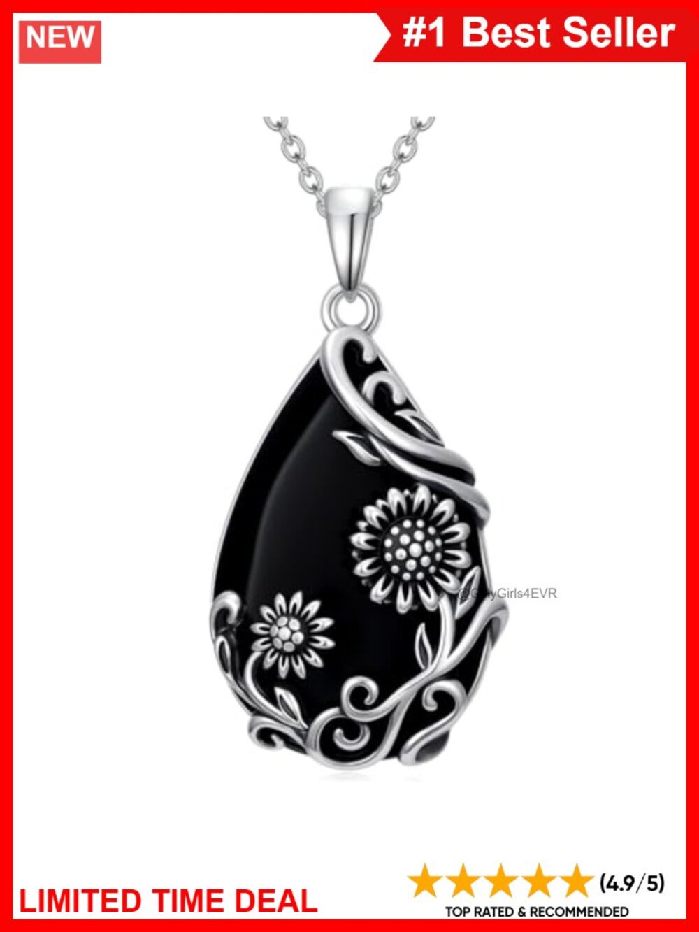 925 Sterling Silver Black Onyx Flower Teardrop Pendant Necklace